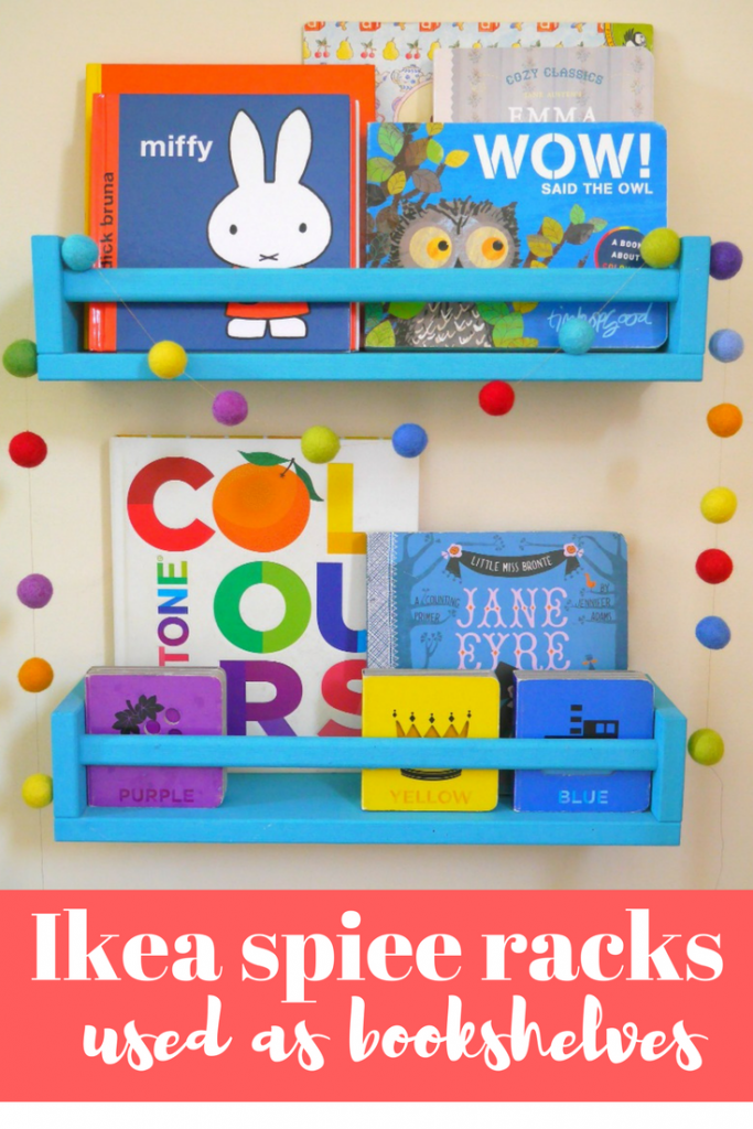 Ikea spice rack bookshelves - a great Ikea hack, how to use Ikea Bekvam spice racks as bookshelves, perfect for a nursery or children's room
