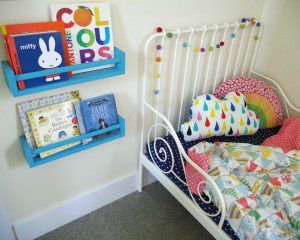 IKEA toddler bed and spice rack bookshelves