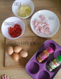 Ingredients and recipe for mini egg muffins - full version over at www.ababyonboard.com