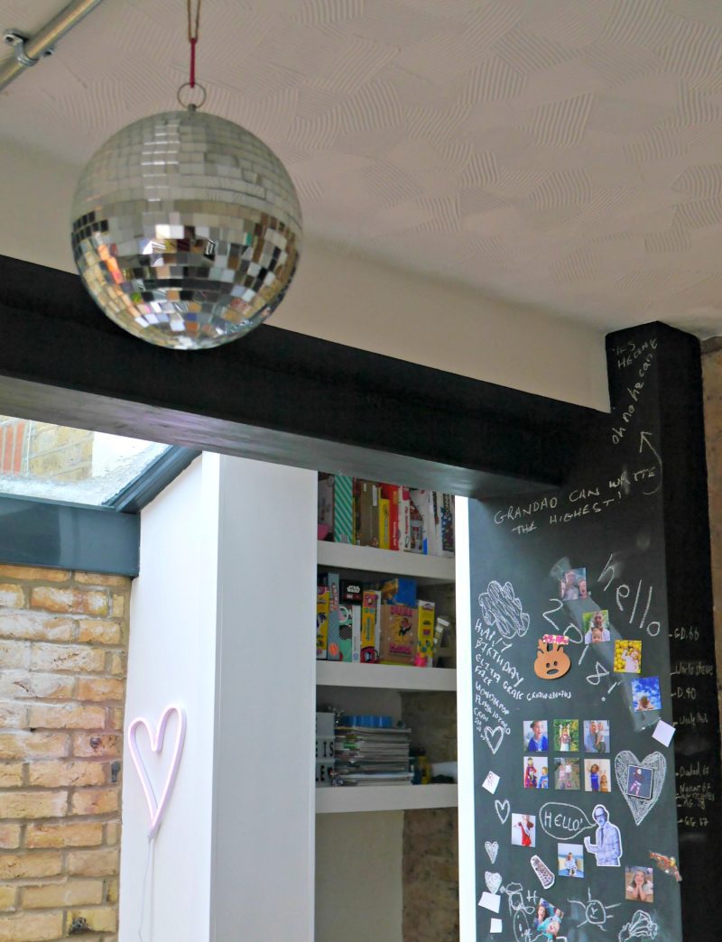 Side return kitchne extension - disco ball and chalkboard walls