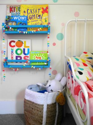 IKEA Hack bookshelves painted, in a colourful children's bedroom